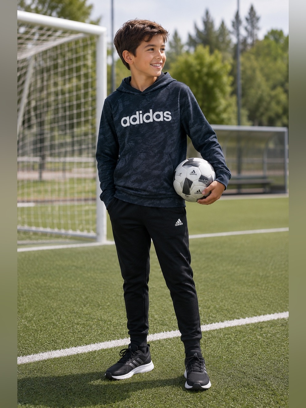 adidas Boys Hoodie Pullover Size 10/12 Navy Black Logo Athletic *